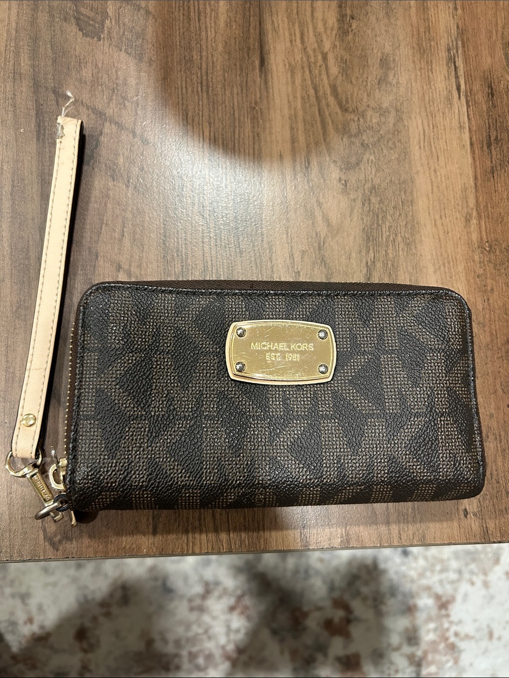 Michael Kors Brown and Beige Logo Zip-Around Wristlet